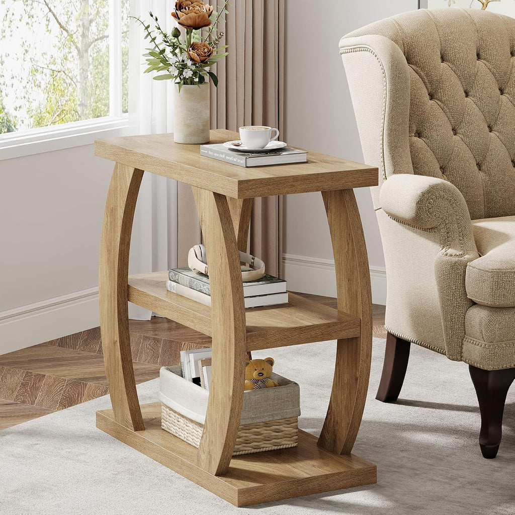 Tribesigns End Table for Living Room, 3-Tier Narrow Side Table with Storage, Farmhouse Wooden Beside Table with Geometric Frame, Tall Nightstand for Bedroom, Small Spaces, Natural Oak