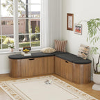L Shaped Storage Bench with Cushion, Mid Century Modern Corner Dining Bench, Wood Window Breakfast Nook Bench for Dining Room, Entryway, Living Room, Cloakroom, Walnut