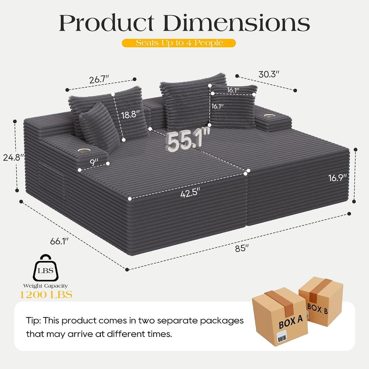 85'' Loveseat Chaise Lounge Chair, Oversized Double Couch | Deep Seat Sofa Bed Sleeper Couch, Reading Chairs Cloud Sofas for Living Room, Bedroom, No Assembly, Corduroy Dark Gray