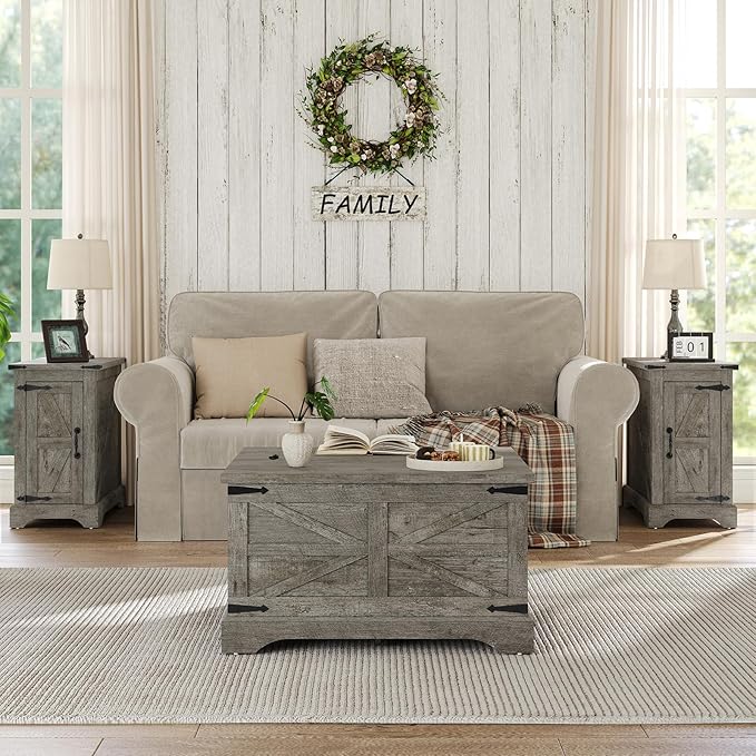 Furnideco Farmhouse Lift Top Coffee Table, Square Wood Center Table with Large Hidden Storage Compartment for Living Room, Rustic Modern Table with Hinged Lift Top, Oak Grey