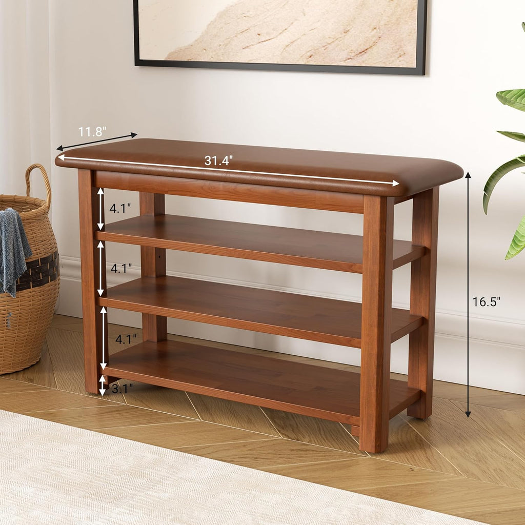 Shoe Rack Bench with Leather Cushion 3-Tier Shoe Rack Organizer for Entryway Hallway or Living Room Farmhouse Rustic Wooden Seat Bench Walnut 11.8" Dx31.5 Wx20.4 H