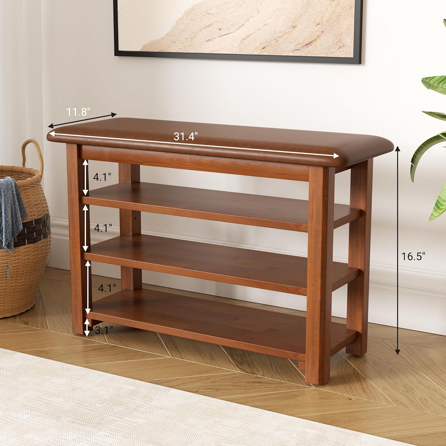 Shoe Rack Bench with Leather Cushion 3-Tier Shoe Rack Organizer for Entryway Hallway or Living Room Farmhouse Rustic Wooden Seat Bench Walnut 11.8" Dx31.5 Wx20.4 H