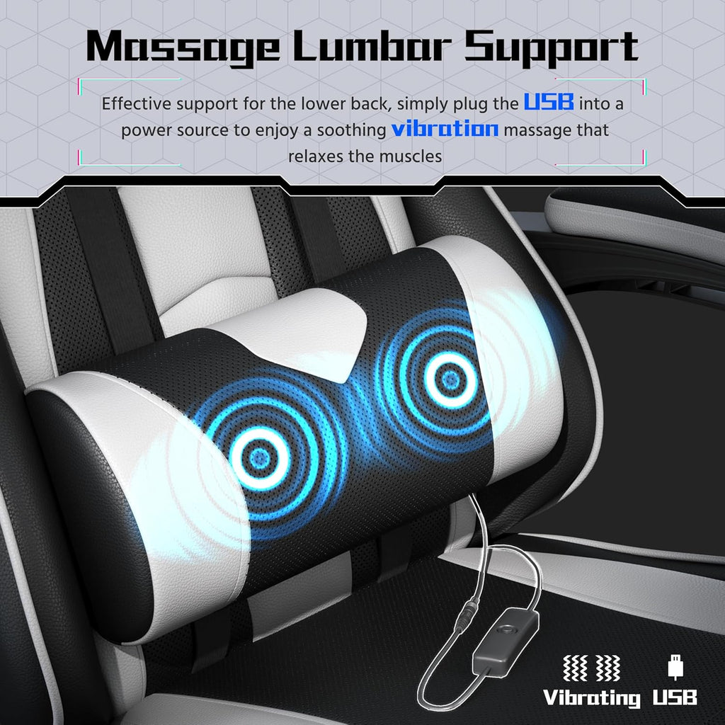 Yaheetech Gaming Chair with Footrest Massage Lumbar Pillow Black and White | Foam-padded PU leather racing seat and plush headrest recline with a slide-out footrest; metal frame supports up to 300 lb.