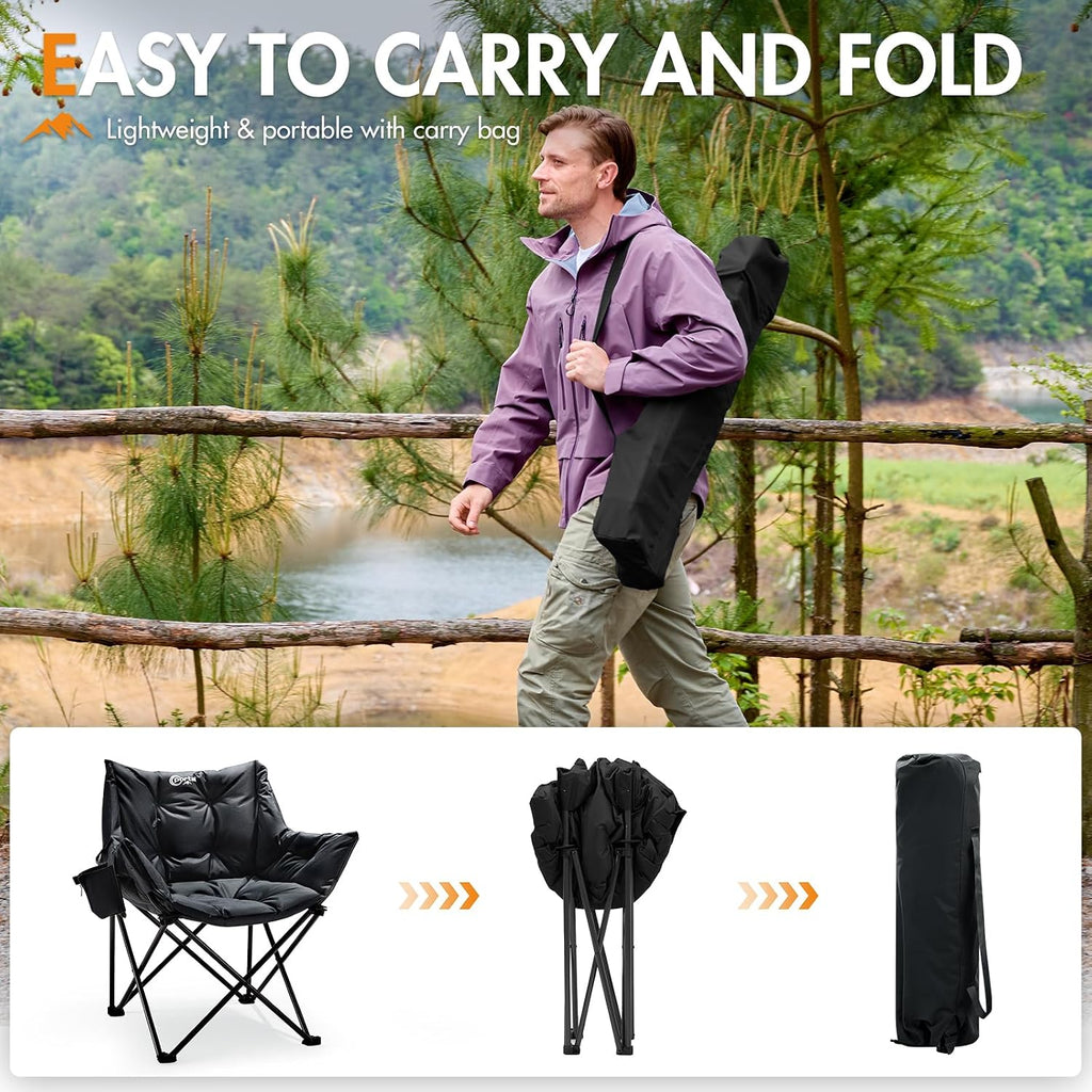 Portal 33" Oversized 2 Pack Padded Camping Chair - Heavy Duty Folding Chair with Cup Holder & Side Pocket, Supports 350 lbs, for Camping, Lawn, Sports, Black