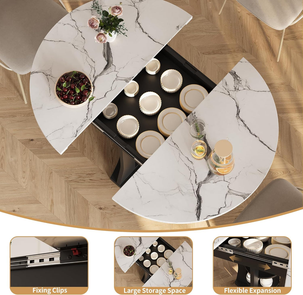 Extendable Dining Table 43"-59" for 4-6, White Faux Marble Round Kitchen Dining Room Table with 2 Tier Storage Shelves, Expandable Round to Oval Dinner Table with Storage for Kitchen Living Room