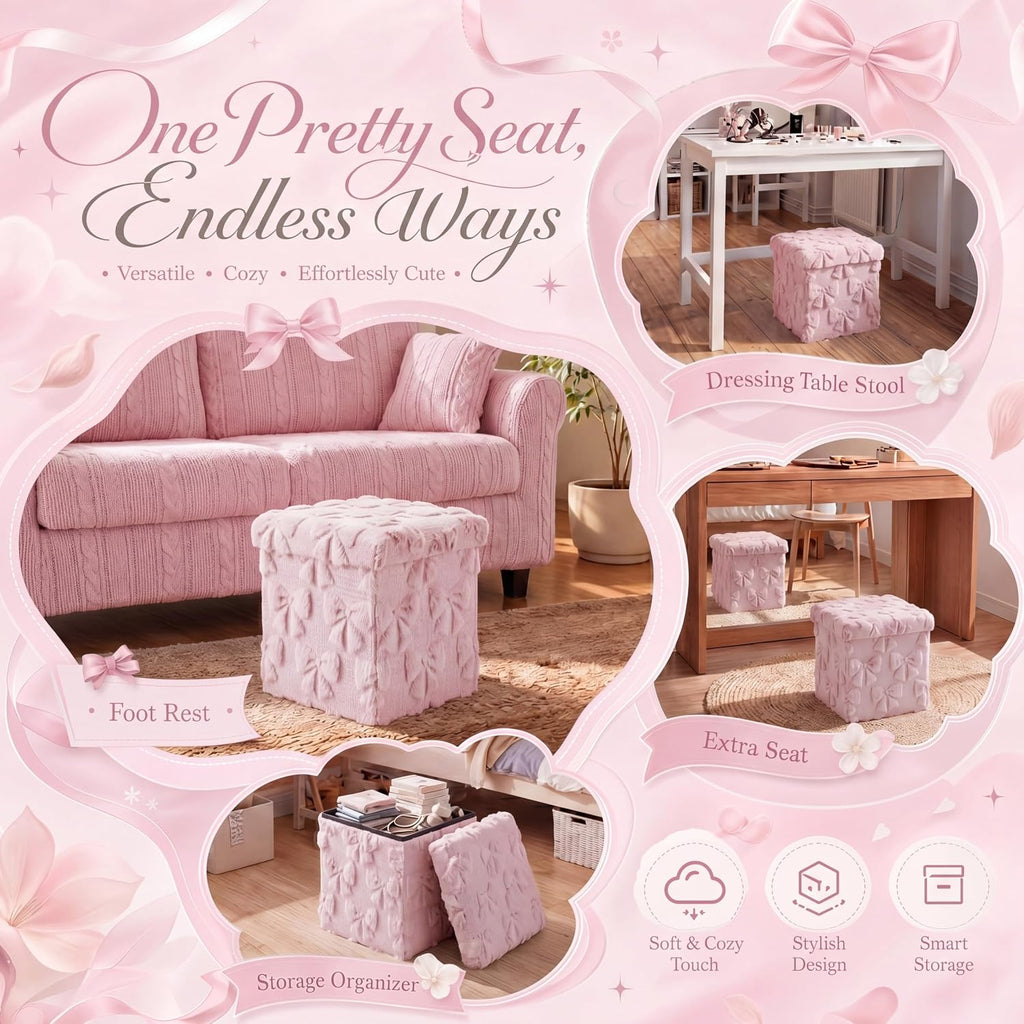 RattanView Storage Ottoman Dorm 12 Inch Pink Bow Cube Ottoman Dorm Back to School Coquette Foldable Foot Rest Stool with Lid for College Dormitory Bedroom Office