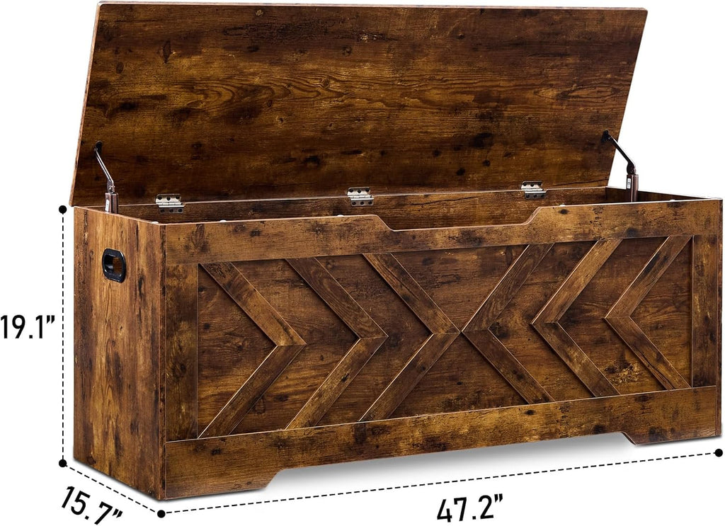 47.2” Storage Bench,Extra Large Wooden Storage Chest with 2 Safety Hinges,entryway Bench,Blanket Storage,Shoe Storage Bench for Entryway,Bedroom,Living Room,Easy Assembly.-Rustic Brown