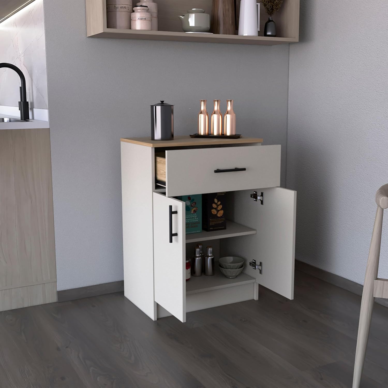 DEPOT E-SHOP 24" Barbados Pantry Organizer Cabinet with One Drawer, Two Interior Shelves, and Two Doors, Ivory/Natural Oak, Kitchen – Tall Kitchen Storage & Pantry Organization