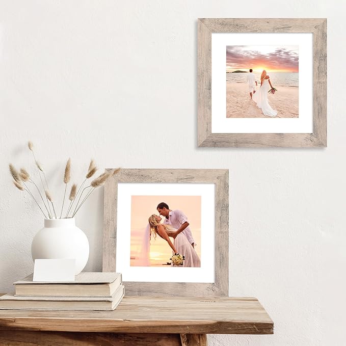 8x8 Picture Frames Set of 4 with High Definition Real Glass, Smoke Gray Frame Display 6x6 Pictures with Mat or 8 x 8 Without Mat, Wood Square Photo Frame for Wall Mount and Tabletop Display