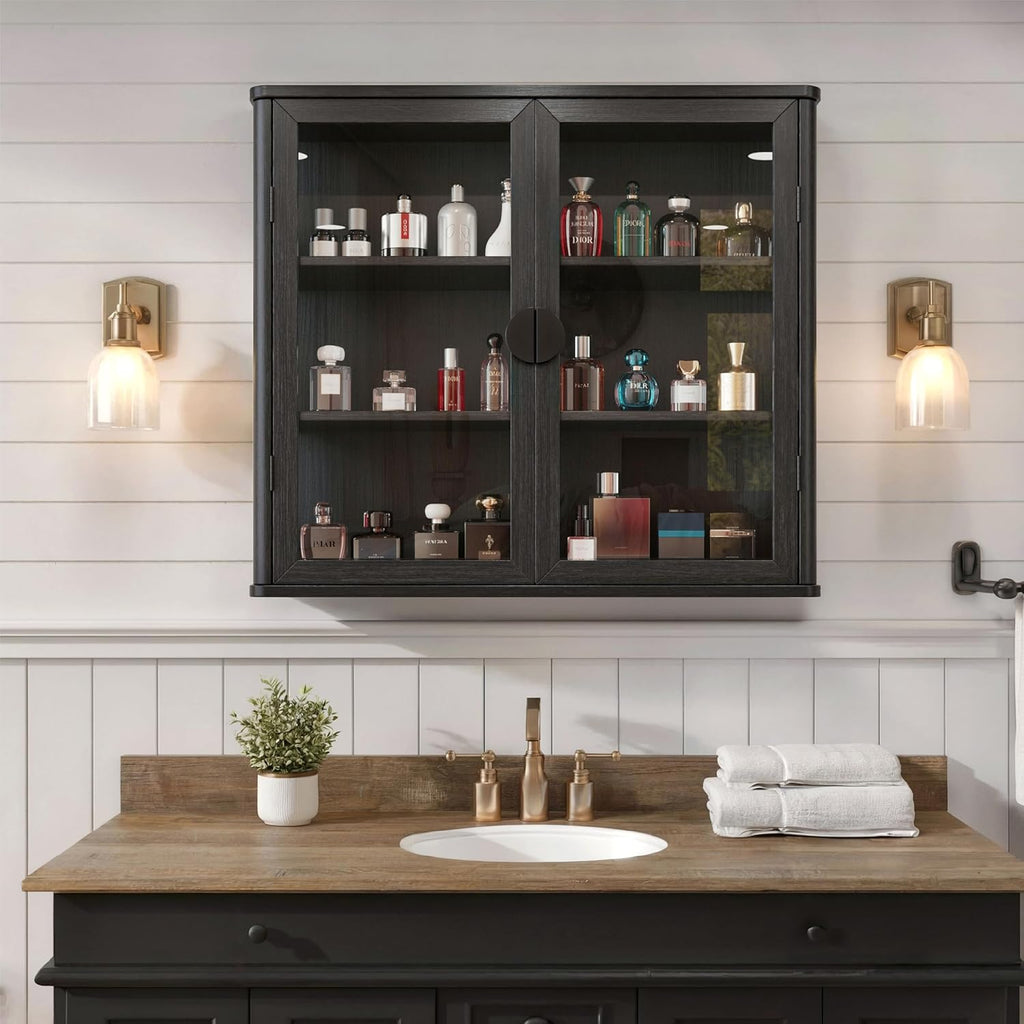 FIMELLO 28’’W Wall Cabinet with Tempered Glass Doors, Bathroom Cabinet Wall Mount, Kitchen Wall Cabinet, Floating Cabinet for Bathroom, Wall Mount Salon Station for Barber, Beauty, Black