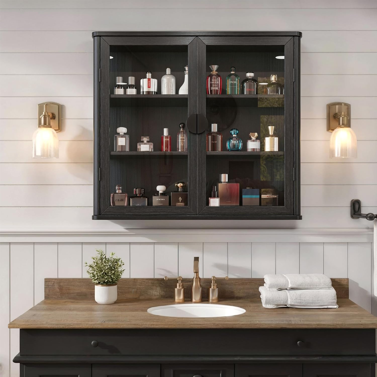 FIMELLO 28’’W Wall Cabinet with Tempered Glass Doors, Bathroom Cabinet Wall Mount, Kitchen Wall Cabinet, Floating Cabinet for Bathroom, Wall Mount Salon Station for Barber, Beauty, Black