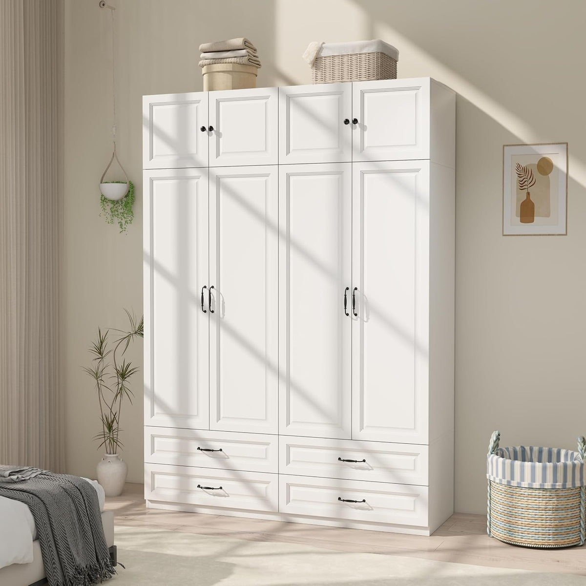 Armoire Wardrobe Closet with Doors: 89" Extra Tall White Wardrobe with Storage on Top, Bedroom Armoires with 4 Doors and 4 Drawers, Large Wood Closet Armoire for Hanging Clothes