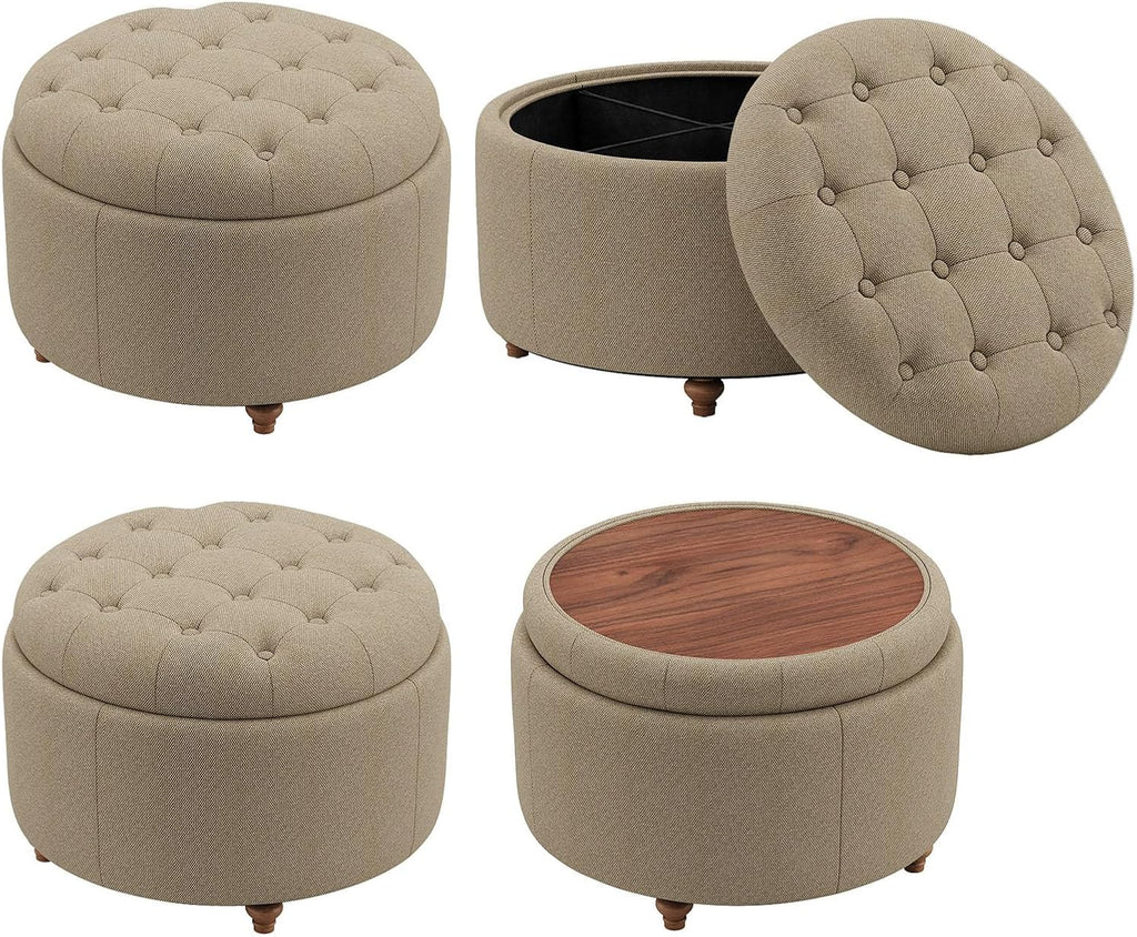 25" Round Ottoman with Storage, Small Coffee Table with Reversible Tray Lid | Tufted Fabric Round Storage Ottoman with Solid Wood Legs, 3-in-1 Footrest for Living Room, Bedroom, Entryway, Coffee