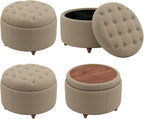 25" Round Ottoman with Storage, Small Coffee Table with Reversible Tray Lid | Tufted Fabric Round Storage Ottoman with Solid Wood Legs, 3-in-1 Footrest for Living Room, Bedroom, Entryway, Coffee