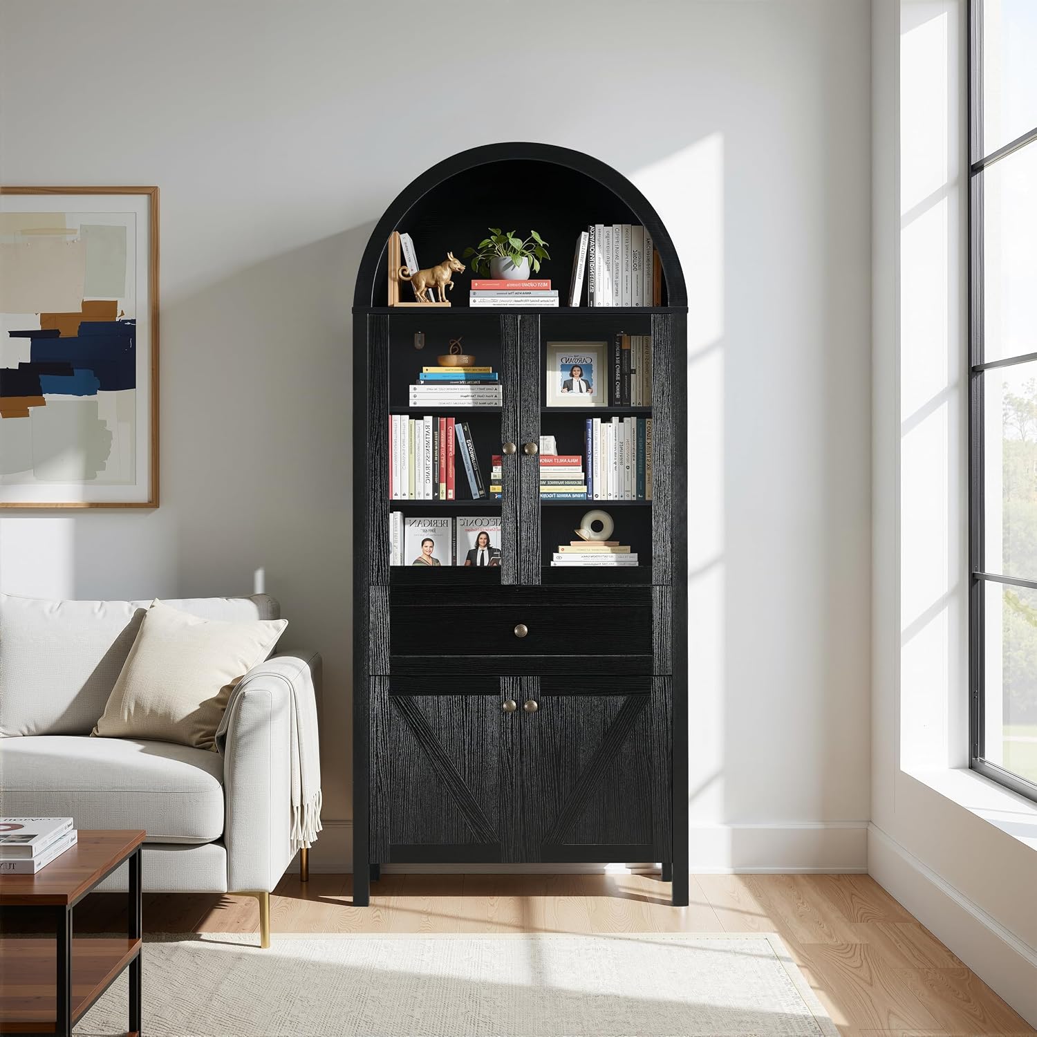 JIJIWANG Dome Kitchen Pantry Storage Cabinet with Doors & Adjustable Shelves,Farmhouse Large Sideboard Buffet with Drawer for Kitchen Living Room,Black