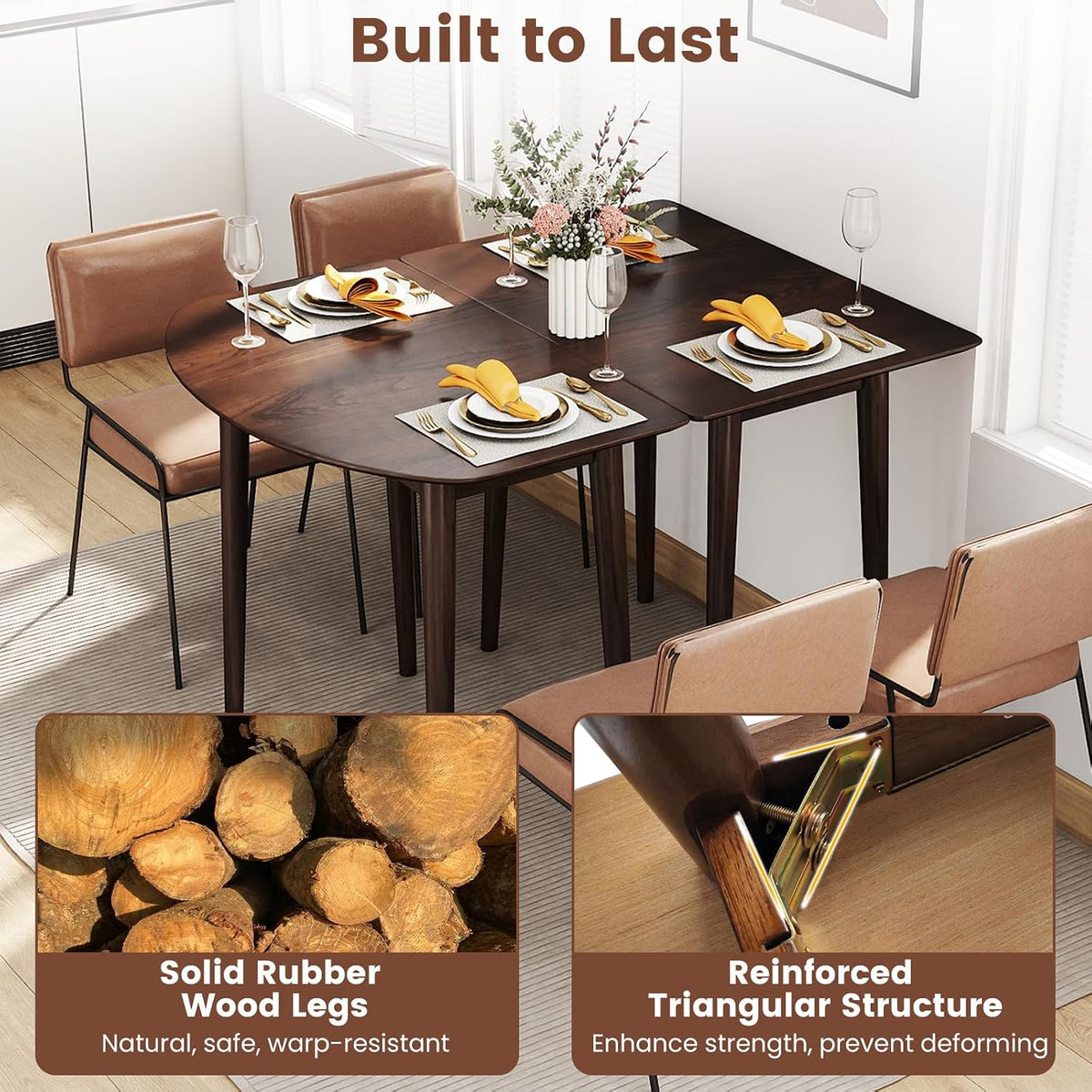 Giantex Dining Table for 2-4, 34" Rectangular Dinner Table with Solid Rubber Wood Frame, Space-Saving Kitchen Table for Small Space, Apartment, Living Room, Home Office (Walnut)