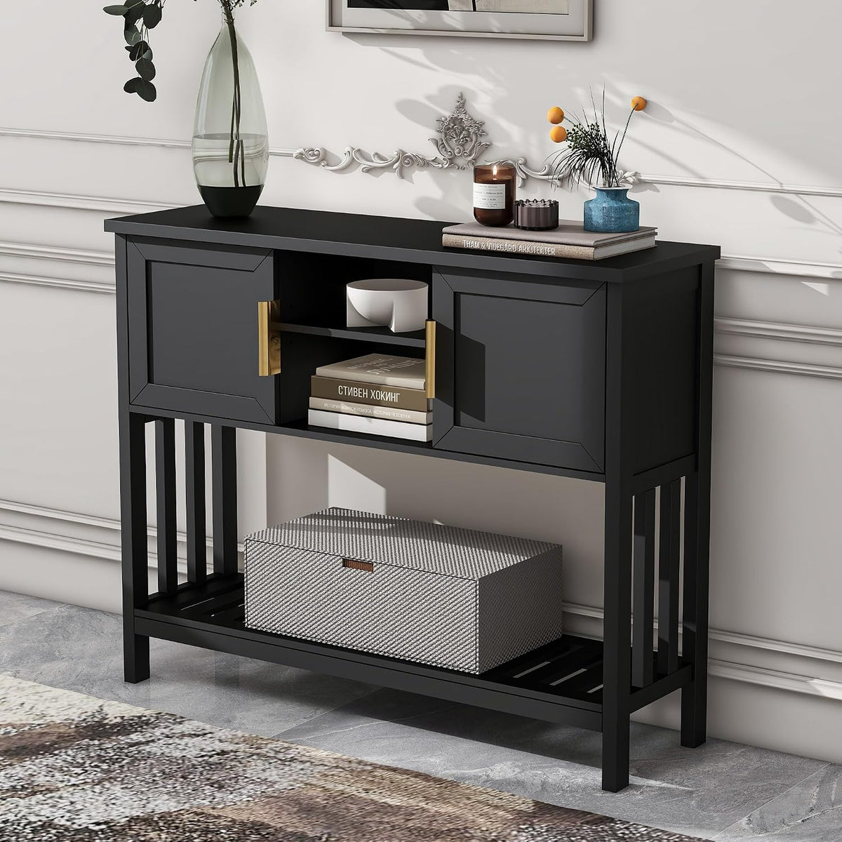 Entryway Table, Console Table, Sofa Table with 2-Door and Shelf, Black | Entryway Cabinet and Sideboard Cabinet with Large Storage Space for Daily Use in Hallway, Foyer, Living Room