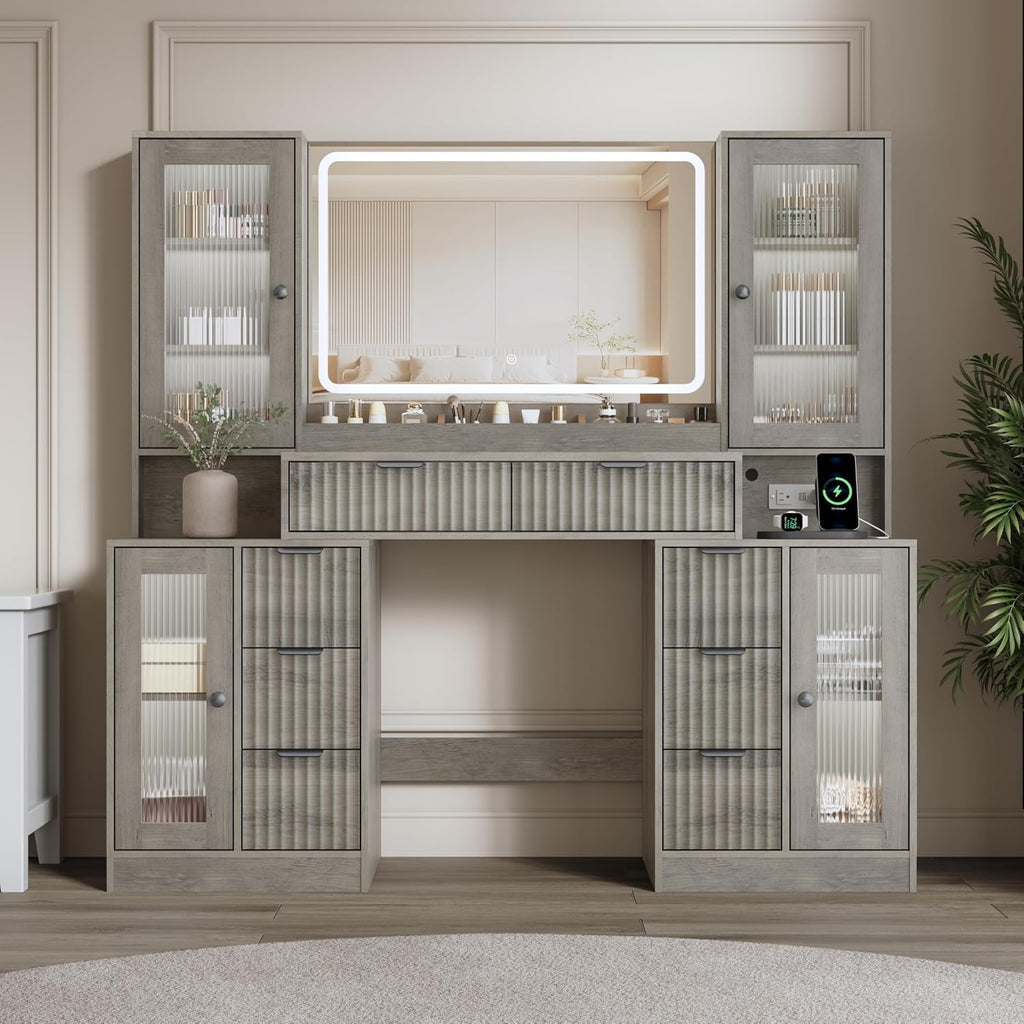 Fluted Vanity Desk with Mirror & Lights | 8 Drawers & 4 Cabinets, Tempered Glass Top, RGB Cabinet Lighting, 3-Color Dimmable Mirror, Charging Station