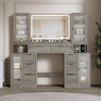 Fluted Vanity Desk with Mirror & Lights | 8 Drawers & 4 Cabinets, Tempered Glass Top, RGB Cabinet Lighting, 3-Color Dimmable Mirror, Charging Station