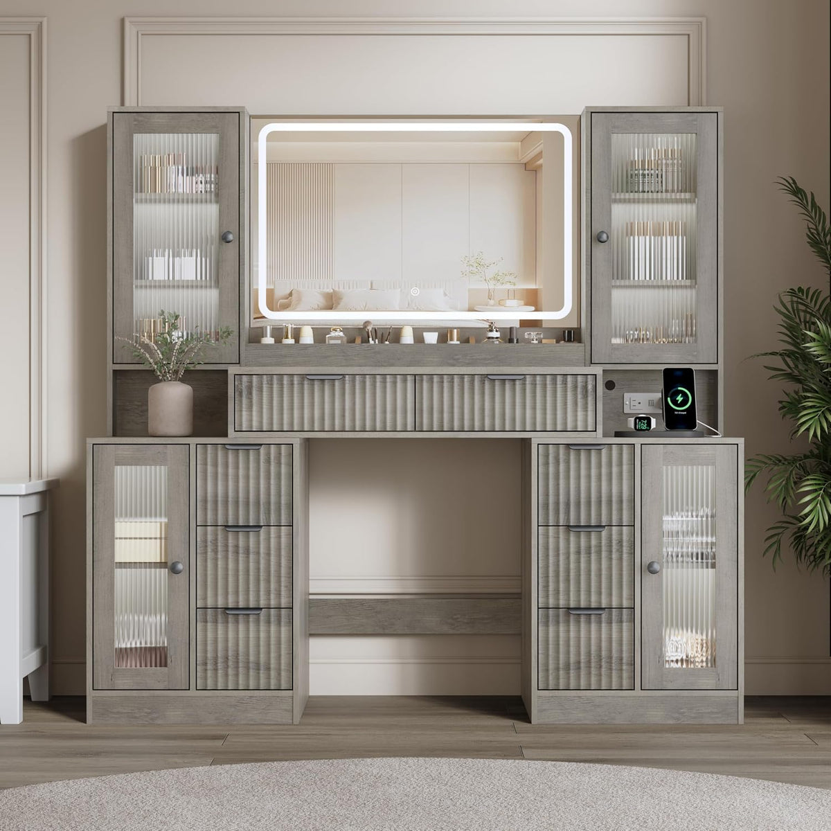 Fluted Vanity Desk with Mirror & Lights | 8 Drawers & 4 Cabinets, Tempered Glass Top, RGB Cabinet Lighting, 3-Color Dimmable Mirror, Charging Station