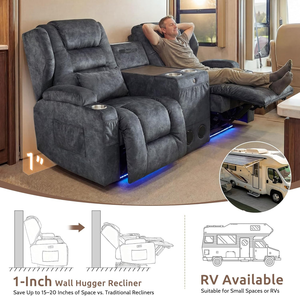SAMERY Loveseat Recliner Sofa, Power Reclining Loveseat Sofa, Wall Hugger Recliners RV Couch with Console, Lift-Top Table, Rhythm & Ambient LED Lights, USB-C, Outlets, Velvet, Gray