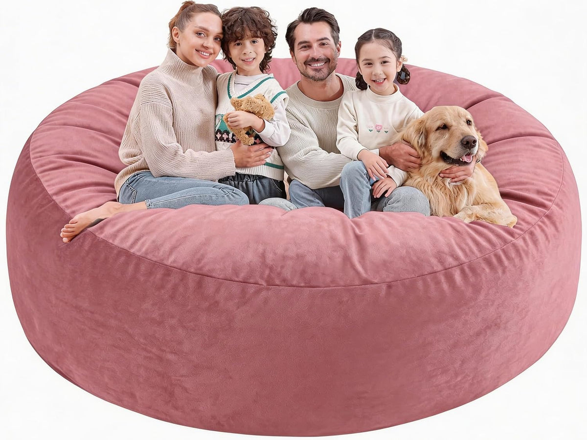 7FT Bean Bag Chair, Large Bean Bag Chairs with Memory Foam Filled, Fluffy Beanbag Sofa with Dutch Velvet Cover, Round BeanBag Chairs for Living Room, Playroom - Dusty Pink