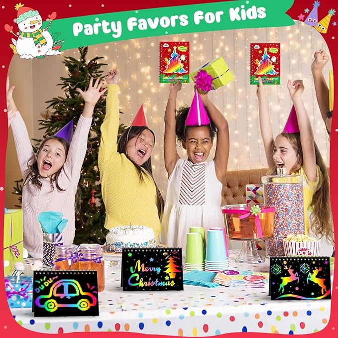 ZMLM Rainbow Scratch Party Favors Kids: Birthday Gifts Toy Bulk Scratch Art Notebook 24 Pack Birthday Goodie Bags Stuffers Girls Boys Art Craft Pad Classroom Prizes School Teacher Supplies (Christmas)