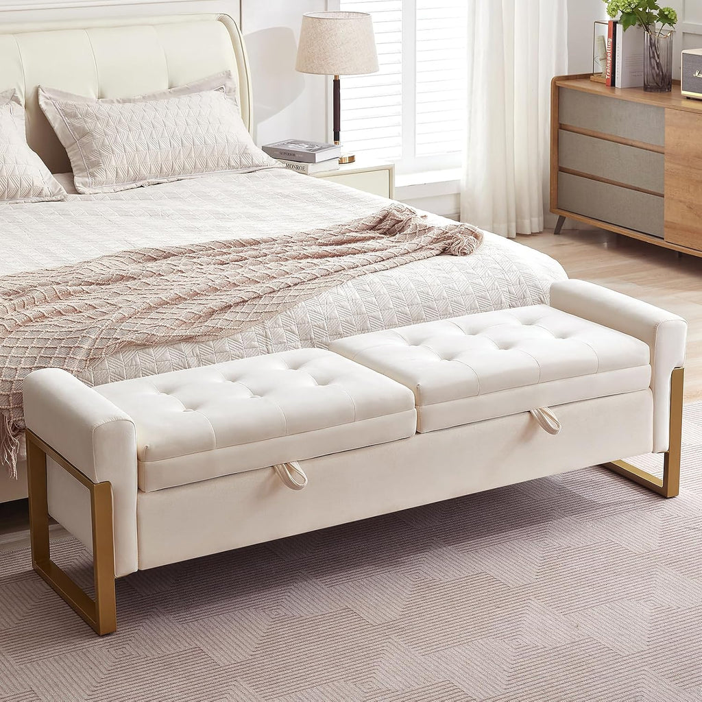 67" Storage Bench for Bedroom, End of Bed Bench King Size, Cream | Double Lids Storage Ottoman Bench with Golden Legs, Upholstered Velvet Bench for Foot of Bed Window Living Room Entryway