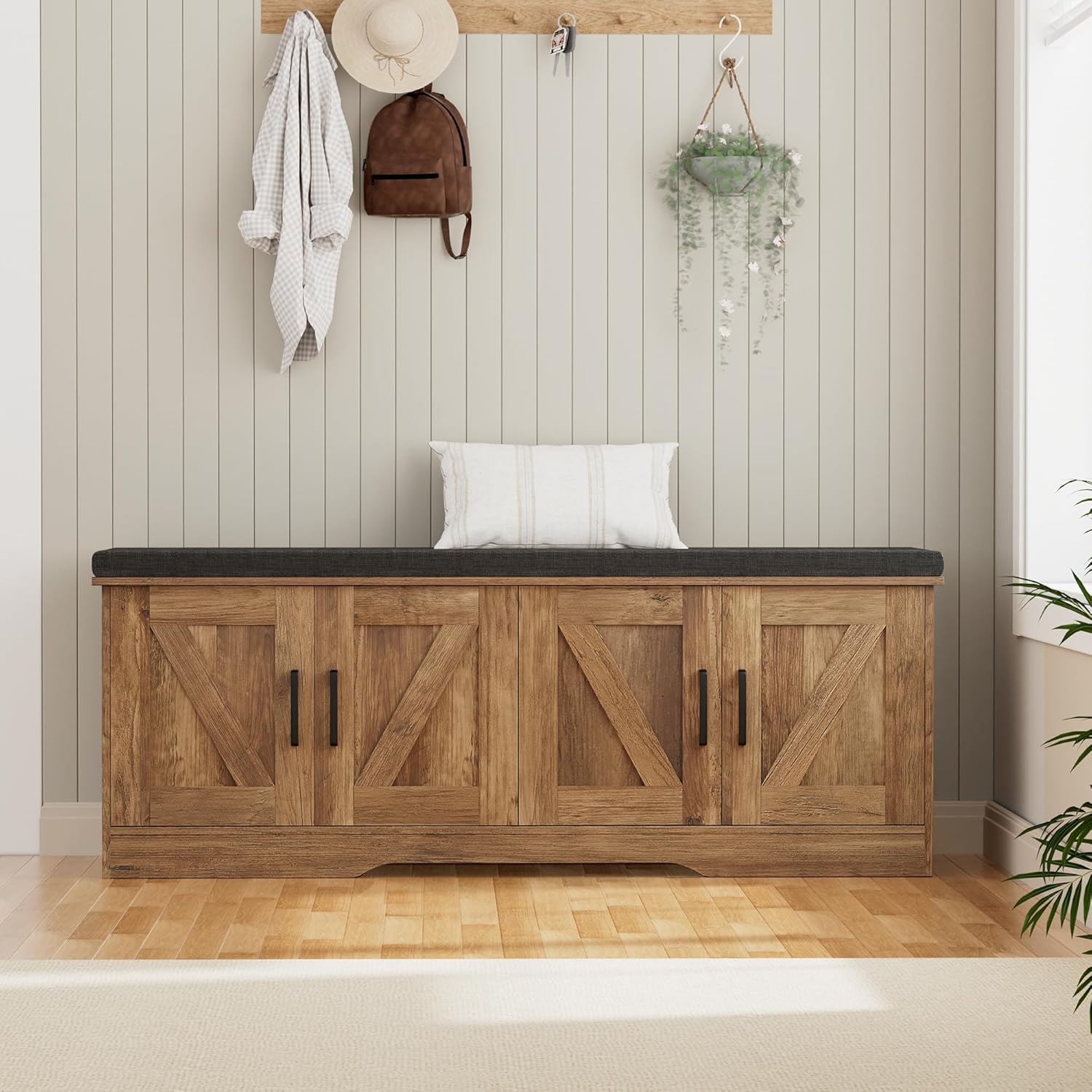 HOMSHO Farmhouse Shoe Storage Bench with 4 Barn Doors & Padded Seat Cushion | 47.2" Wide Entryway Bench with Adjustable Shelves & Hidden Storage, Rustic Walnut
