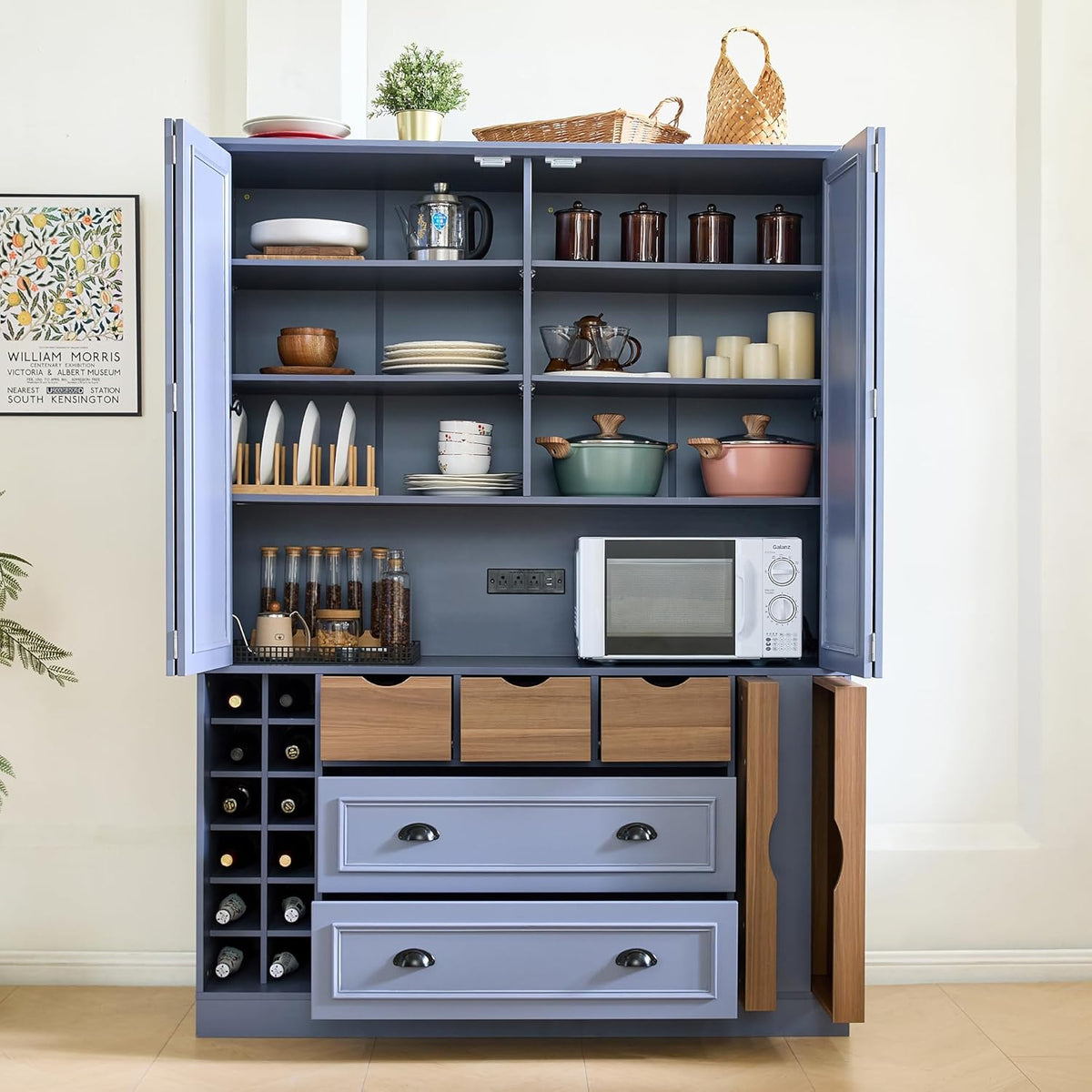 LUMISOL Farmhouse Kitchen Pantry Cabinet, 71" Tall Freestanding Storage Cabinets with Foldable Doors, Power Outlet and Shelves, Dining Storage Cabinet Cupboard with Wine Racks and Serving Trays, Gray
