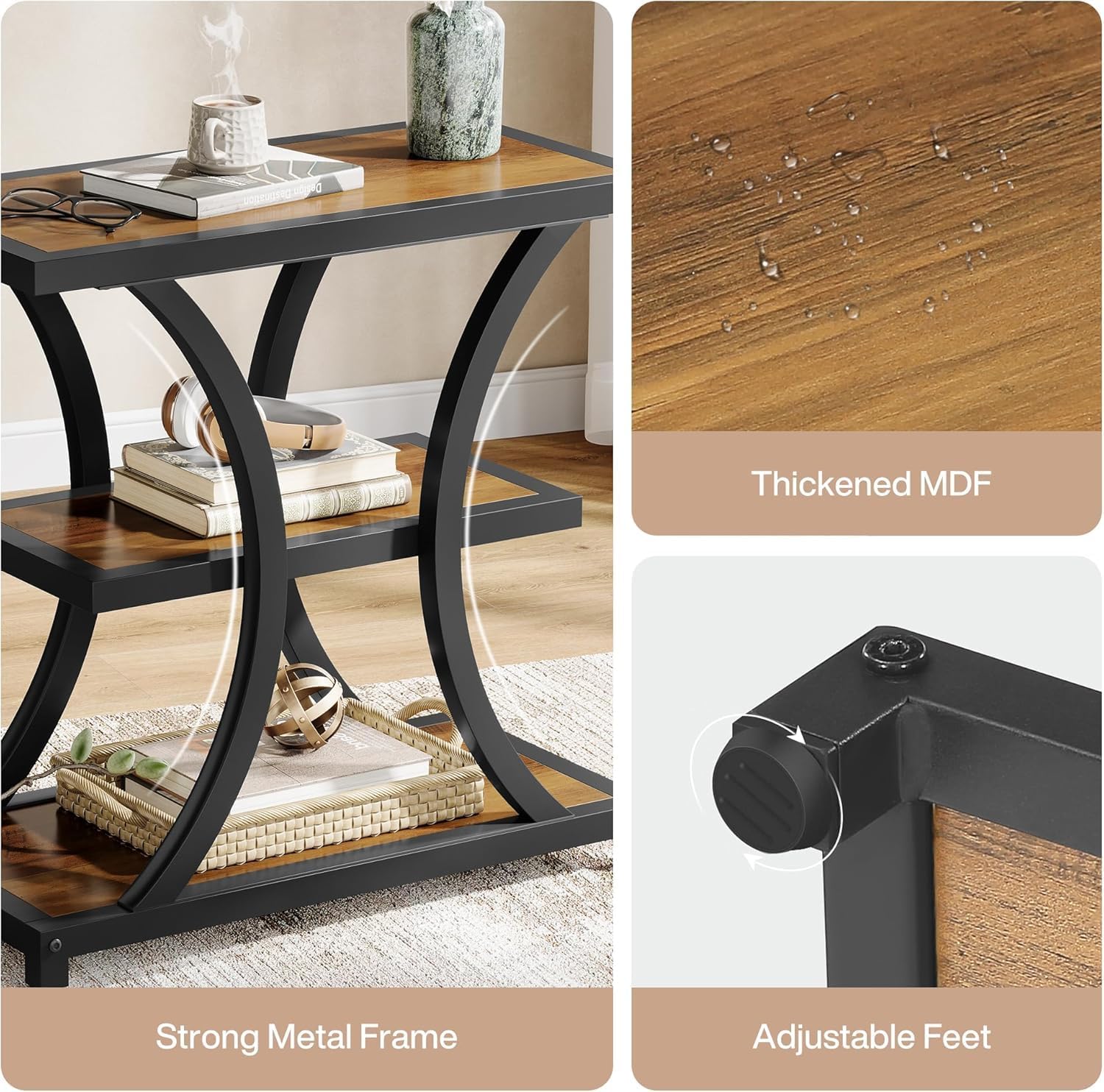 Tribesigns End Table with Storage, 3-Tier Side Table with Geometric Metal Design, Industrial Nightstand for Small Spaces, Living Room, Bedroom, Study Room (Rustic Brown)