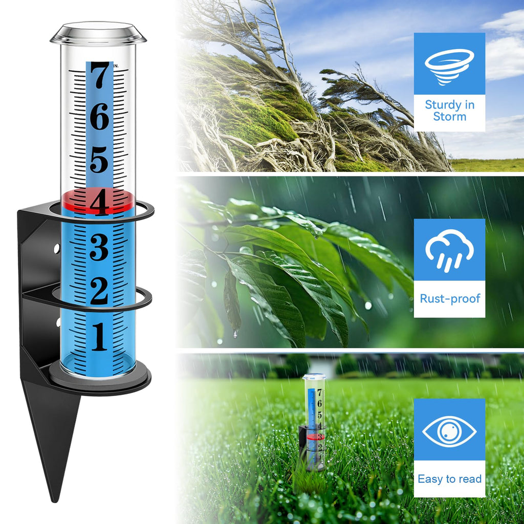WondMall Rain Gauge Outdoor,7" Rain Gauges Outdoors Best Rated with Metal Rack Holder, Rain Measure Gauge, Easy to Read with Red Float, Large Font Plastic Replacement Tube for Yard Garden