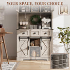 72" Kitchen Pantry Storage Cabinet with Hutch and Sliding Barn Door, Farmhouse Tall Buffet Cabinet with Drawers, Large Coffee Bar with Wine & Glasses Rack, for Home Living Room, Grey