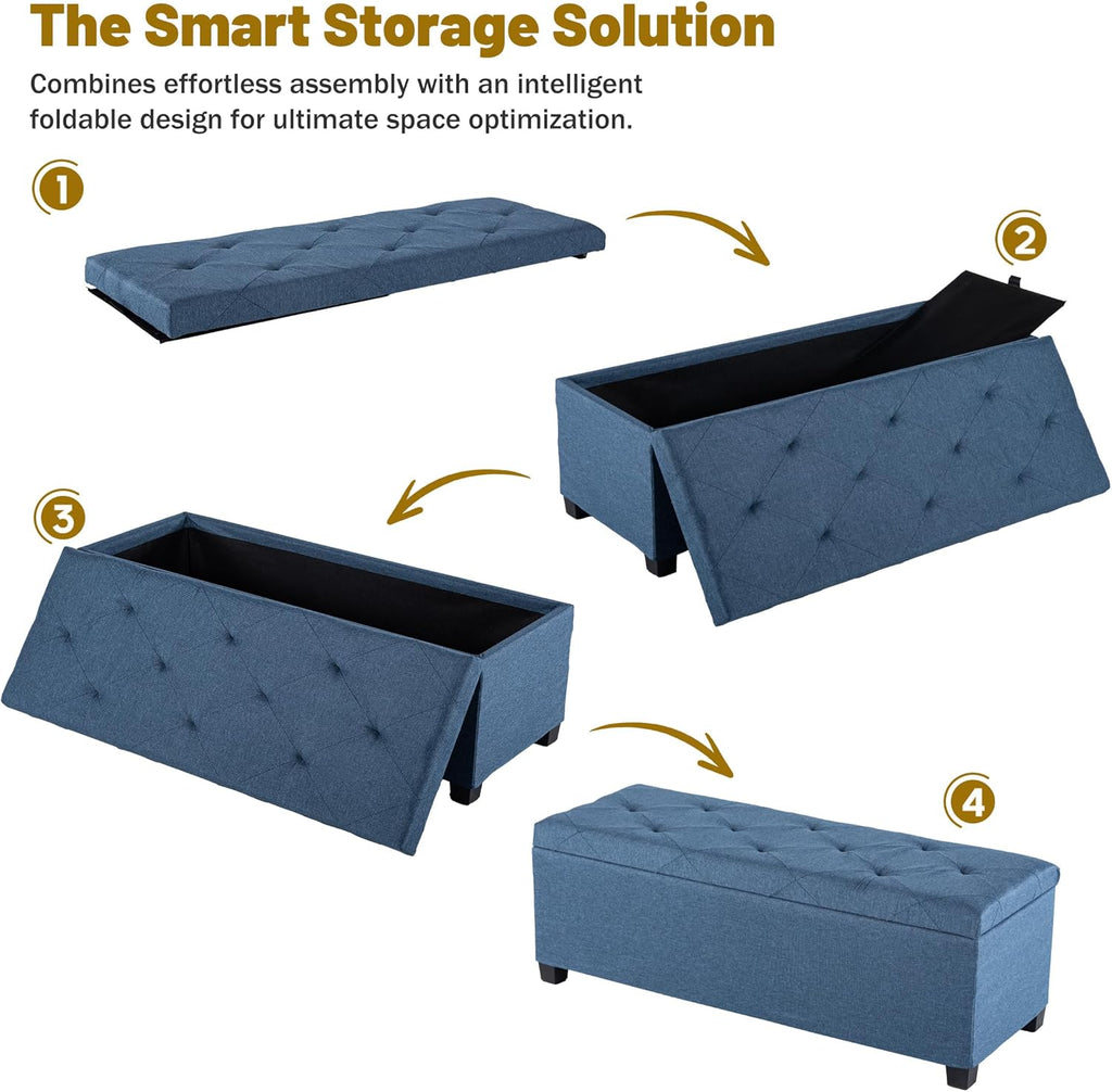 DUMOS Storage Ottoman Bench, 43.3 Inch End of Bed Bench for Living Room | 27 Gallon Steel Frame Linen-Look Fabric Chest, Removable Cover, 250lb Capacity, Bedroom Entryway, Blue
