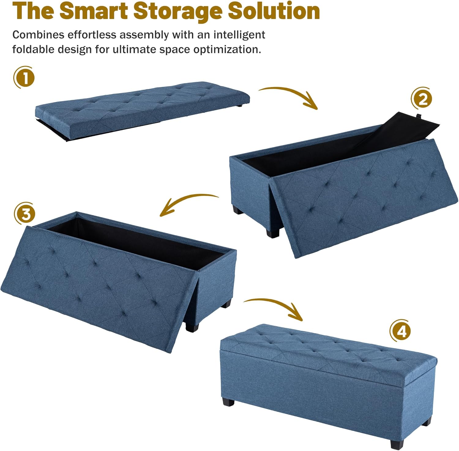 DUMOS Storage Ottoman Bench, 43.3 Inch End of Bed Bench for Living Room | 27 Gallon Steel Frame Linen-Look Fabric Chest, Removable Cover, 250lb Capacity, Bedroom Entryway, Blue