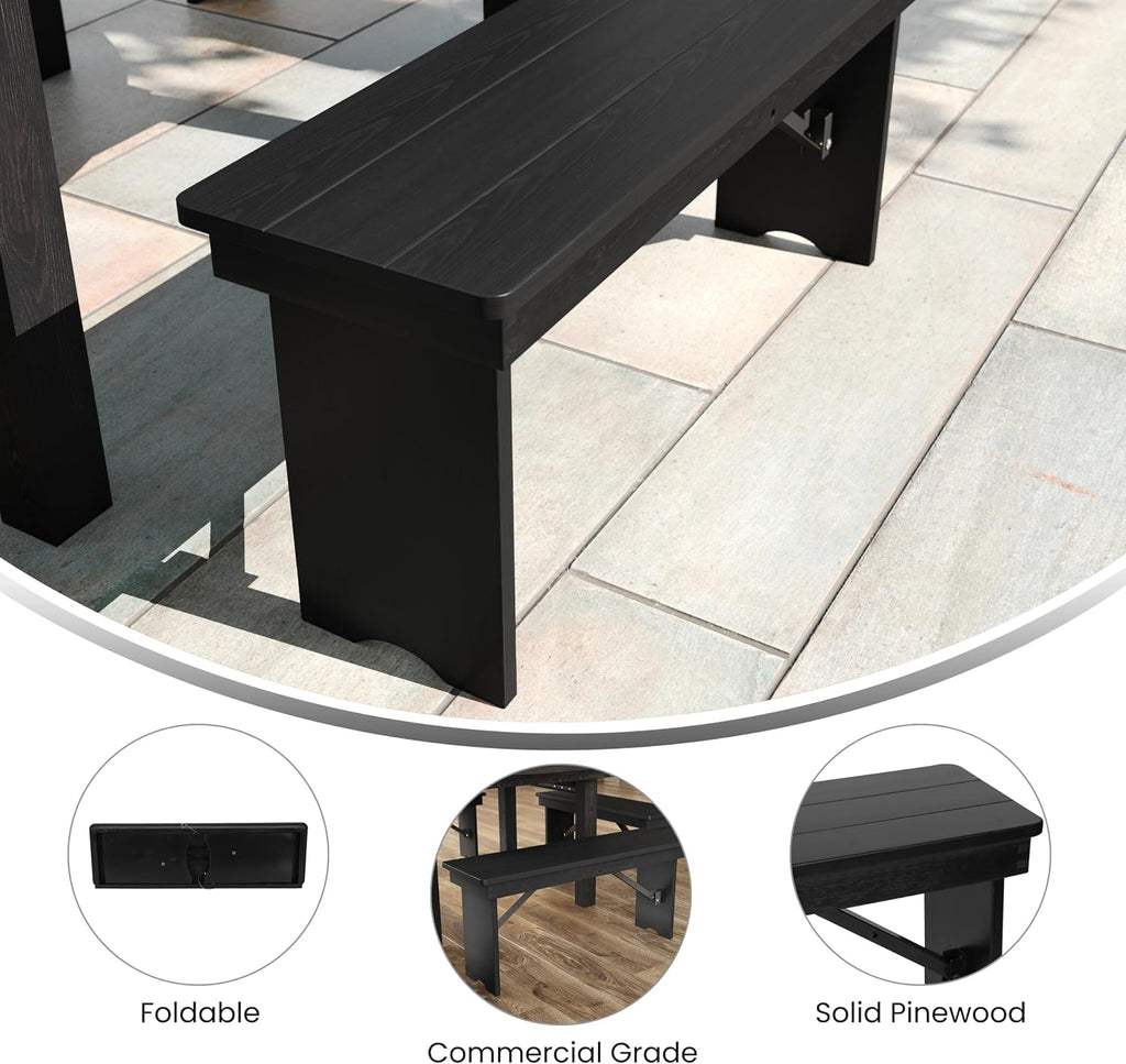 Flash Furniture Hercules Commercial Farmhouse Folding Bench, Antique Solid Pine Entryway Bench, Foldable Locking Legs, 40" x 12", Black Wash