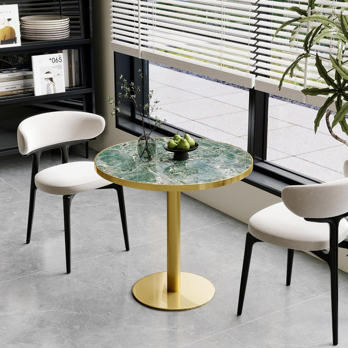 31.5" Round Tulip Table for 2-4, 1.2" Thick Emerald Forest Sintered Stone Top (Natural Stone Look) & Brushed Gold Frame, Modern Luxury Dining Table for Small Apartment, Patio, Sunroom