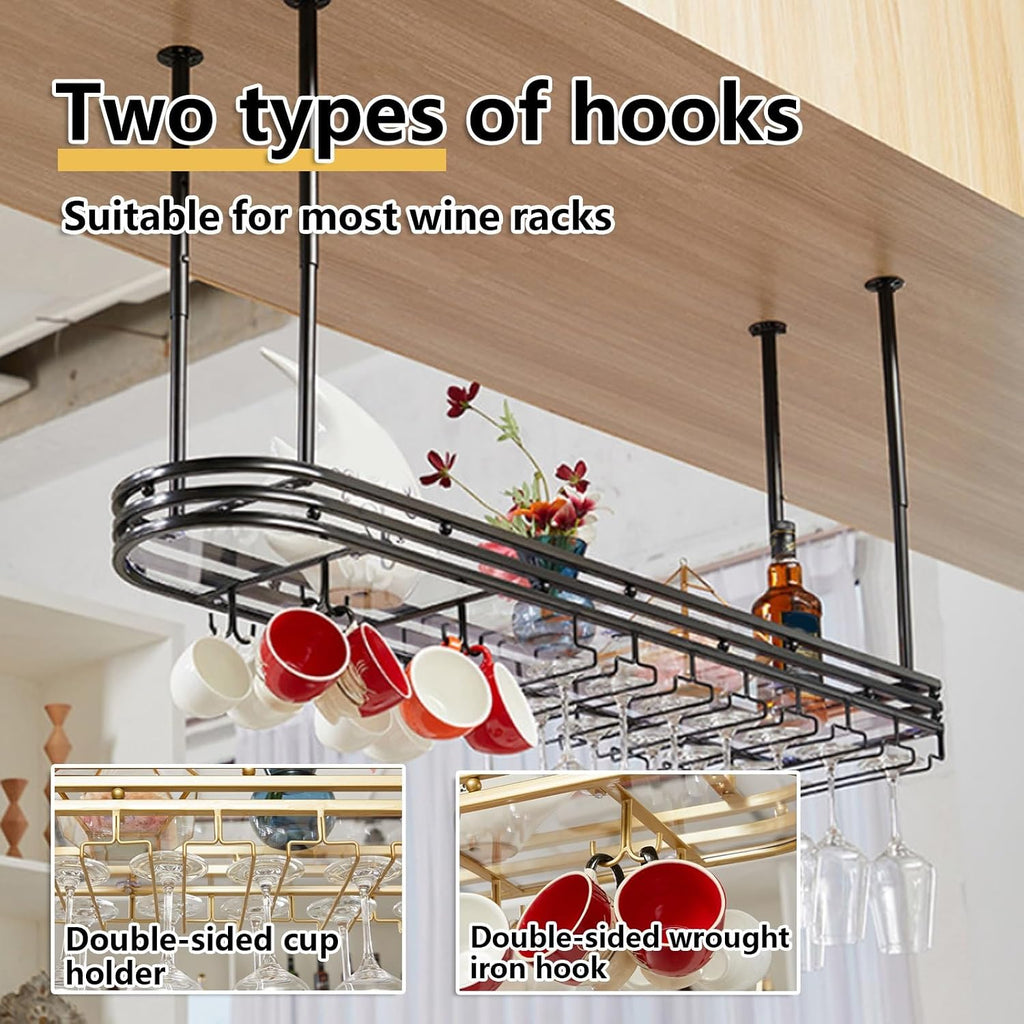 Adjustable Hanging Wine Rack, Metal Ceiling Shelf Cafe Cups, Retro Rustic for Kitchen Bar Restaurant Cellar