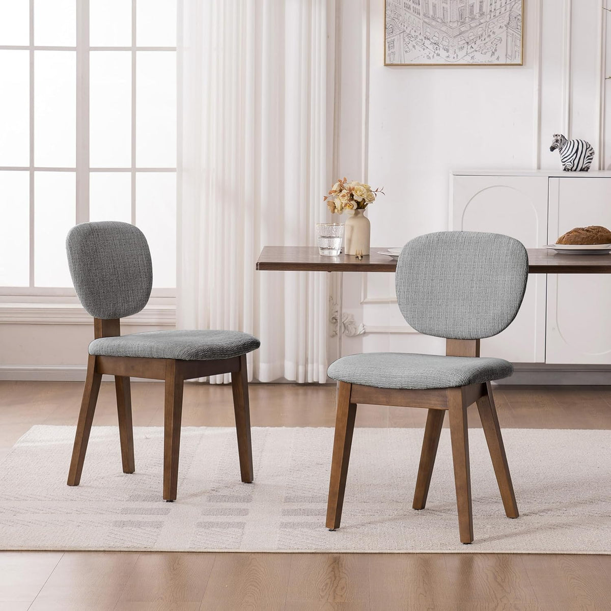 VKNOW Wooden Dining Chairs Set of 2, Mid Century Modern Upholstered Kitchen Side Chairs, Chenille Dining Room Chair with Curved Seat Backrest for Home Dining Room, Grey