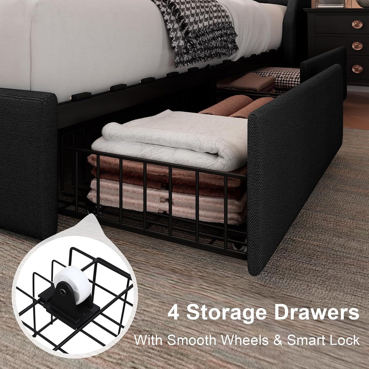 Feonase Upholstered Queen Size Bed Frame with 4 Storage Drawers, Storage Bed with Charging Station, Large Wingback Headboard, No Box Spring Needed, Black