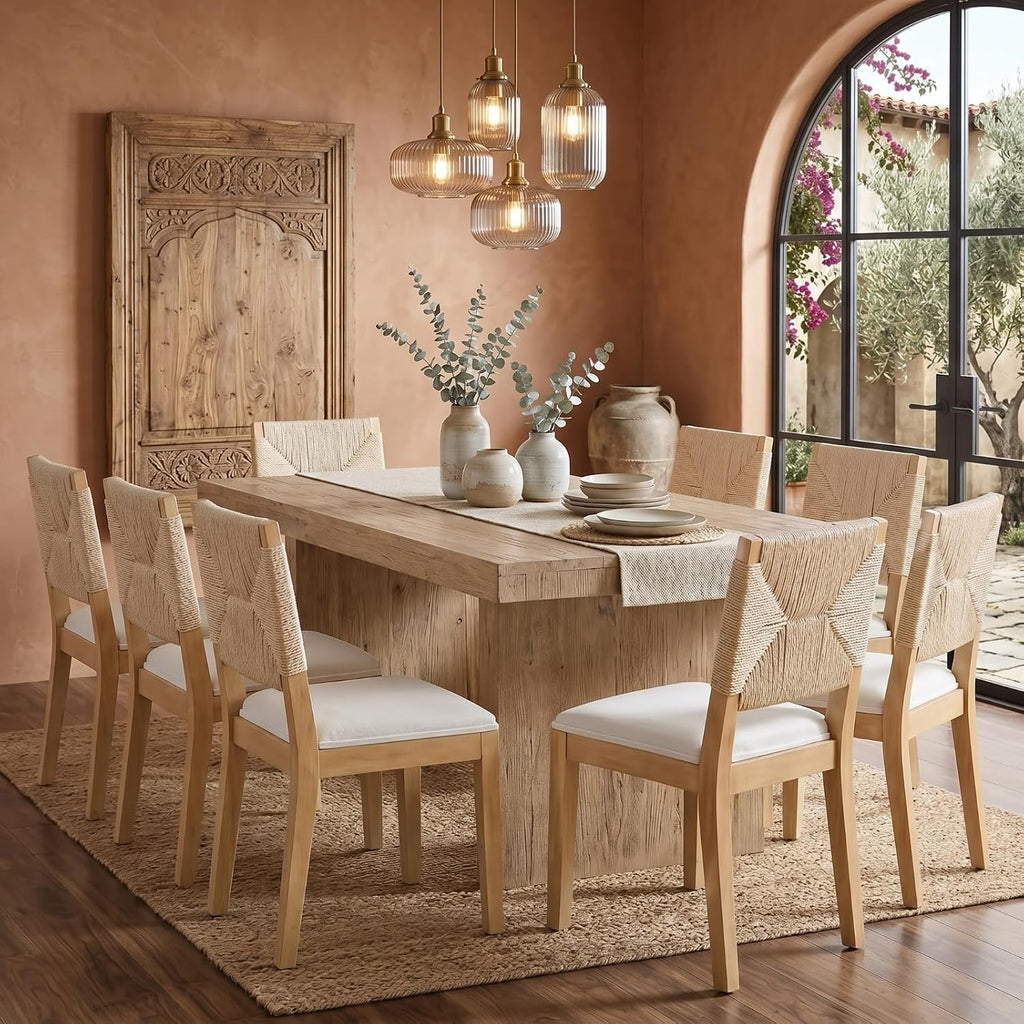 French Country Dining Chairs Set of 8, Beige Farmhouse Wood Dining Room Chairs, Woven Back Linen Upholstered Dining Chair, Solid Wood Legs, Boho Style Kitchen Chairs, Sillas de Comedor