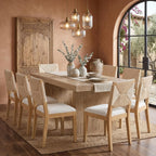 French Country Dining Chairs Set of 8, Beige Farmhouse Wood Dining Room Chairs, Woven Back Linen Upholstered Dining Chair, Solid Wood Legs, Boho Style Kitchen Chairs, Sillas de Comedor