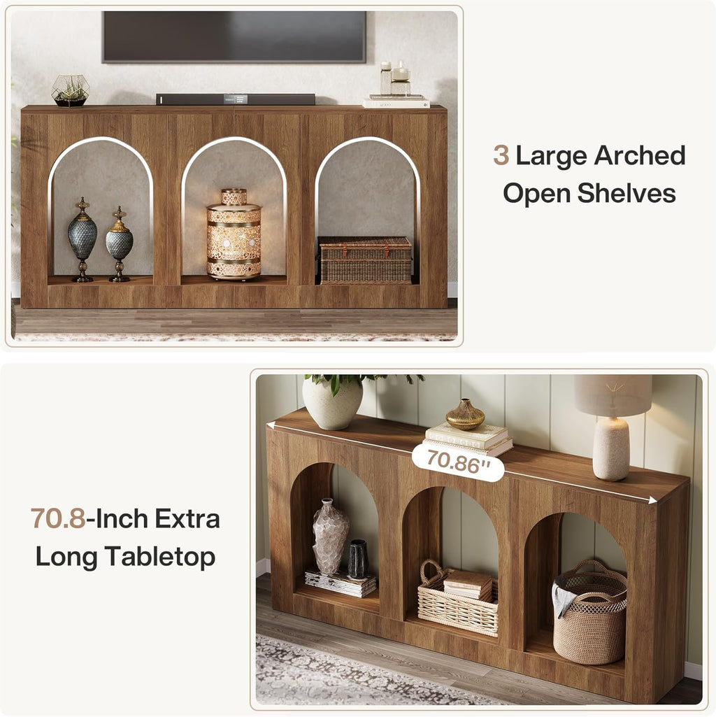 Tribesigns 70.9" Console Table with Storage, Wood Entryway Entry Table with 3 Arched Shelves for Foyer, Hallway, Living Room, Behind Couch Sofa, Narrow Long, Brown