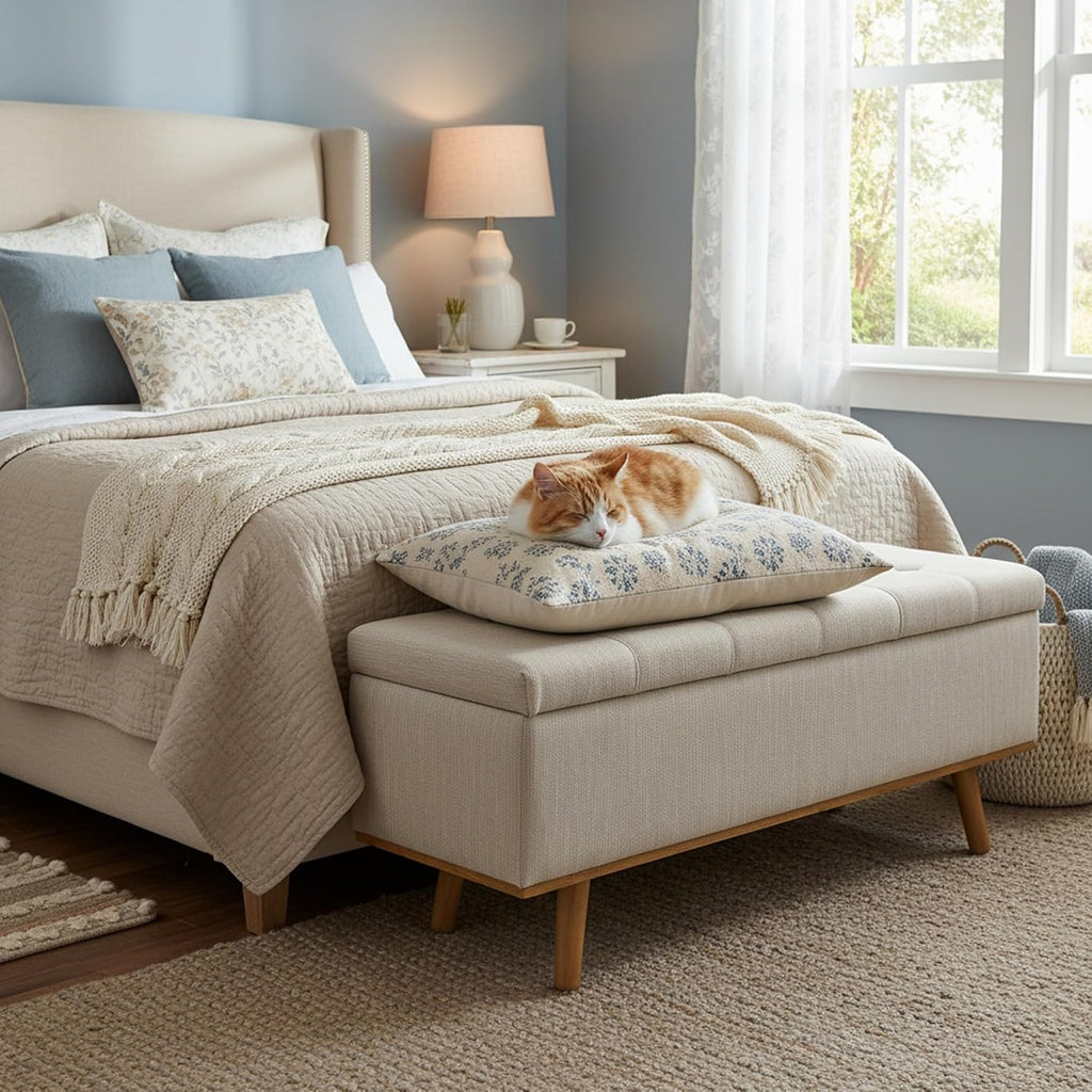 Storage Ottoman Bench, 45" End of Bed Bench, Beige | Hidden Storage Space, Linen Upholstery, Padded Cushion Top, Solid Wood Legs, 350 LBS Weight Capacity