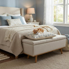 Storage Ottoman Bench, 45" End of Bed Bench, Beige | Hidden Storage Space, Linen Upholstery, Padded Cushion Top, Solid Wood Legs, 350 LBS Weight Capacity