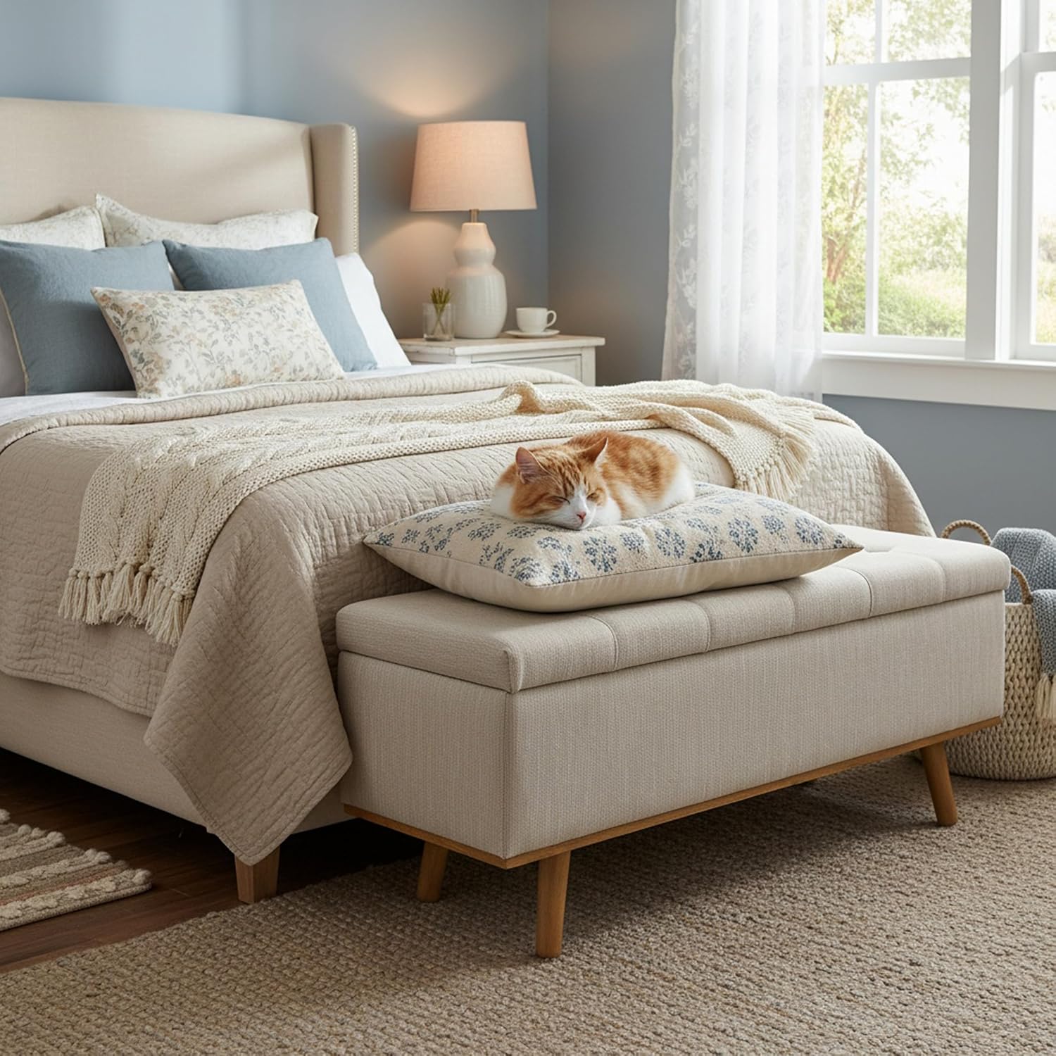Storage Ottoman Bench, 45" End of Bed Bench, Beige | Hidden Storage Space, Linen Upholstery, Padded Cushion Top, Solid Wood Legs, 350 LBS Weight Capacity