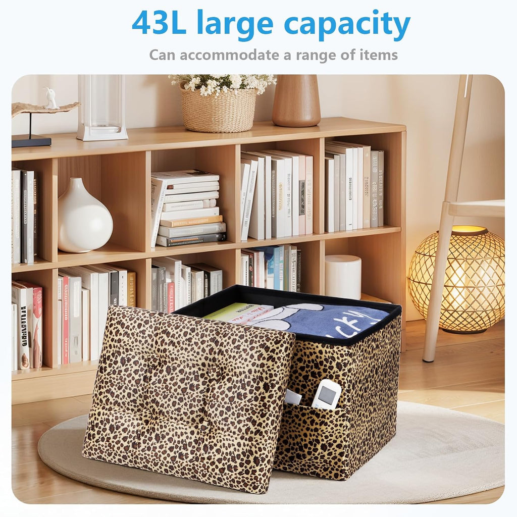 AmasSmile Storage Ottoman Folding Foot Rest Stool with Side Pocket, 17 inch Velvet Footstool Bench, Short Ottoman Bench, Storage Foot Rest Store, Blanket Chest, Leopard Print 2 Pack