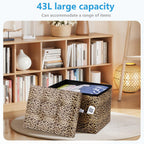 AmasSmile Storage Ottoman Folding Foot Rest Stool with Side Pocket, 17 inch Velvet Footstool Bench, Short Ottoman Bench, Storage Foot Rest Store, Blanket Chest, Leopard Print 2 Pack