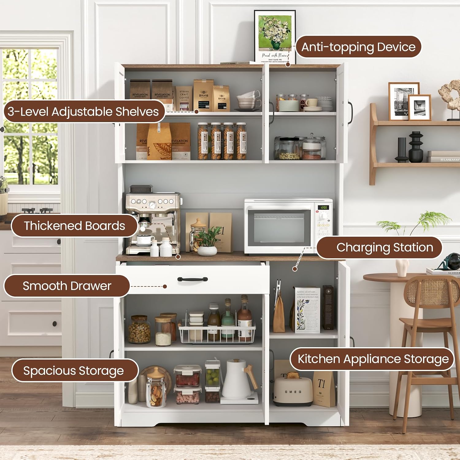 GRUSIGN 71" Pantry Cabinet with Charging Station, Large Capacity Kitchen Hutch Storage Cabinet, Kitchen Cabinet with Microwave Stand, Storage Drawers & Adjustable Shelves for Dining Room, White