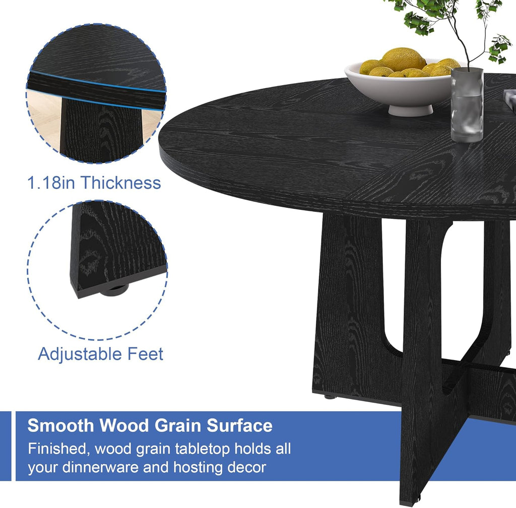 Round Farmhouse Dining Room Table for 6, 47" MDF Circle Kitchen Table with Wood Grain Finish, Wooden Kitchen and Dining Table for Dining Room, Kitchen, Living Room, Black